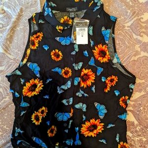 Sunflower & Butterfly Print Button Up Tank